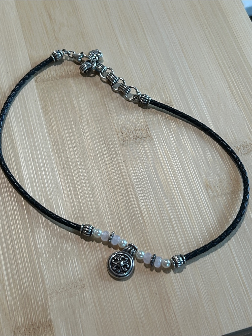 Brighton Black Braided Leather Choker with Silver Charm and Pearls